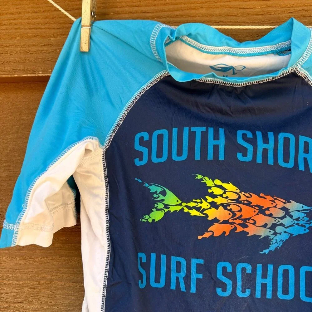 Op Boys Swim Shirt South Shore Surf School Design Blue & White Rash Guard Size M